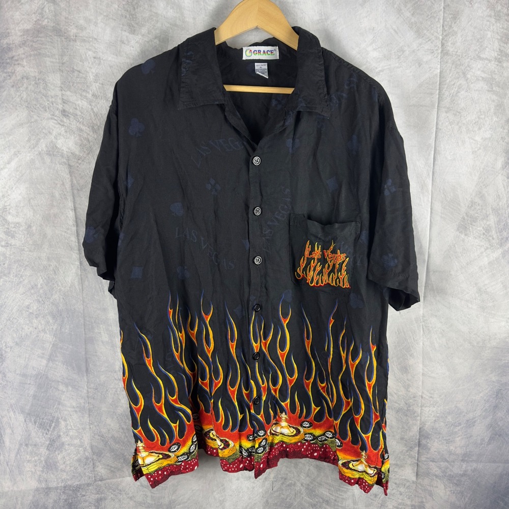 Vintage Grace Las‎ Vegas Flame Gambling Rayon Shirt Mens XL Black Casino Poker